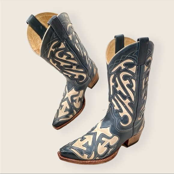 RARE Frye Billy Vintage Blue White Leather Embroidered Pull-On Cowgirl Boots - Picture 13 of 14